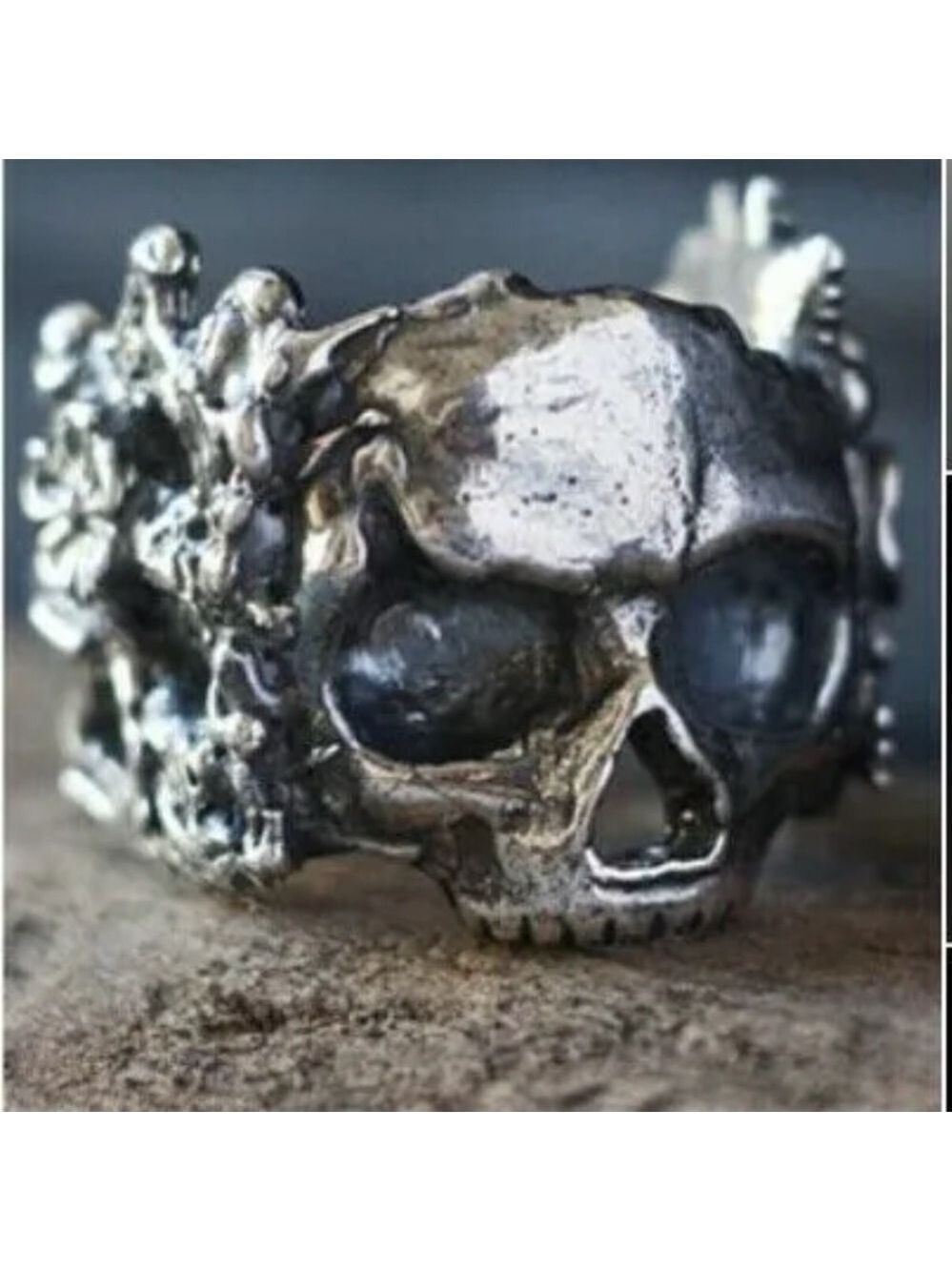 Mens Heavy Stainless Steel Flower and Skull Ring Size 8